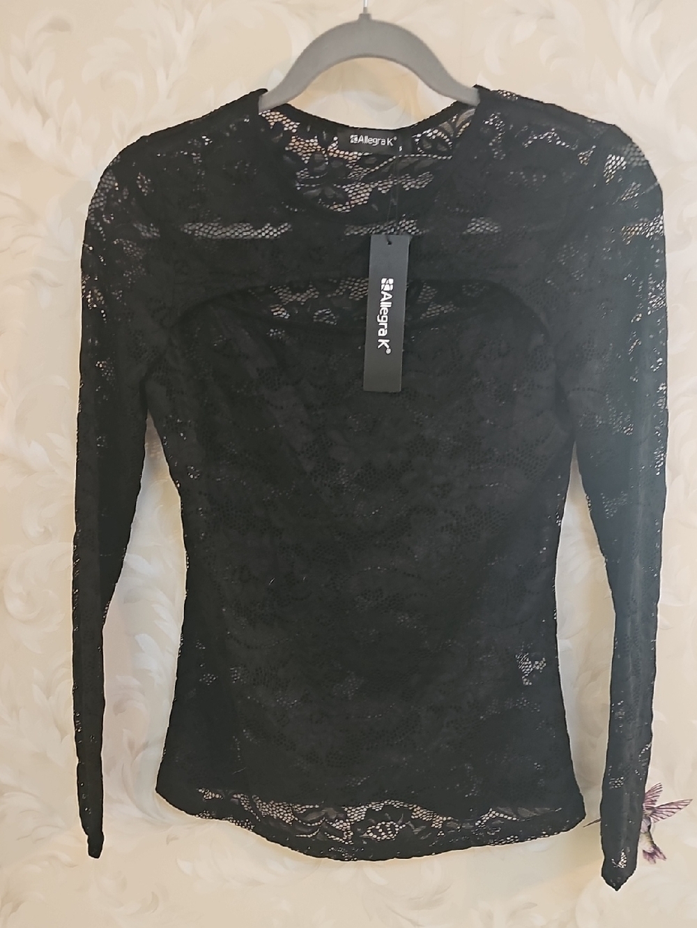 Allegra K Black Floral Lace Long Sleeve Top